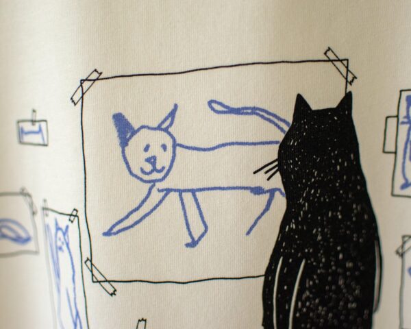 Cat gallery t-shirt | Hand screen printed on ecru/light yellow organic cotton tee with black and blue illustration of a cat judging cat art Top Womenswear Underwear Streetwear - Image 5