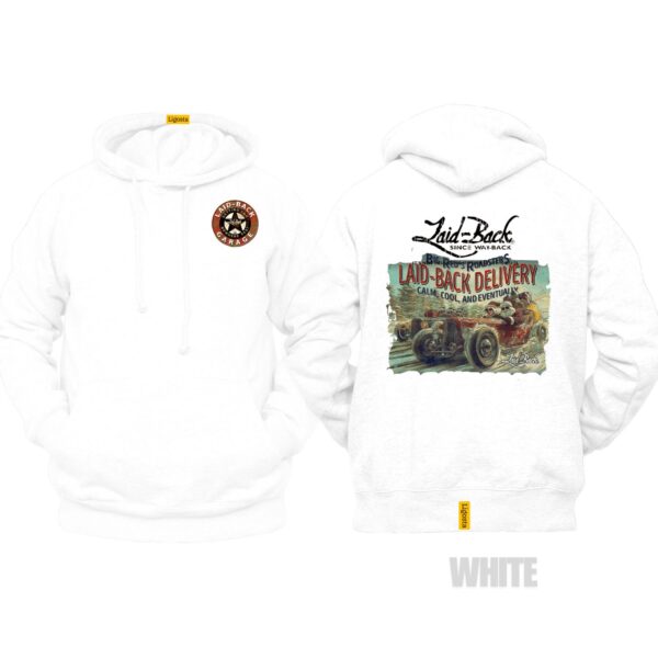 Ligosta Garage, Laid-Back Delivery Collection Hoodie, Unisex Hoodie Featuring Vintage Hot Rod Graphics, Perfect For Car Enthusiasts 001 - Image 3