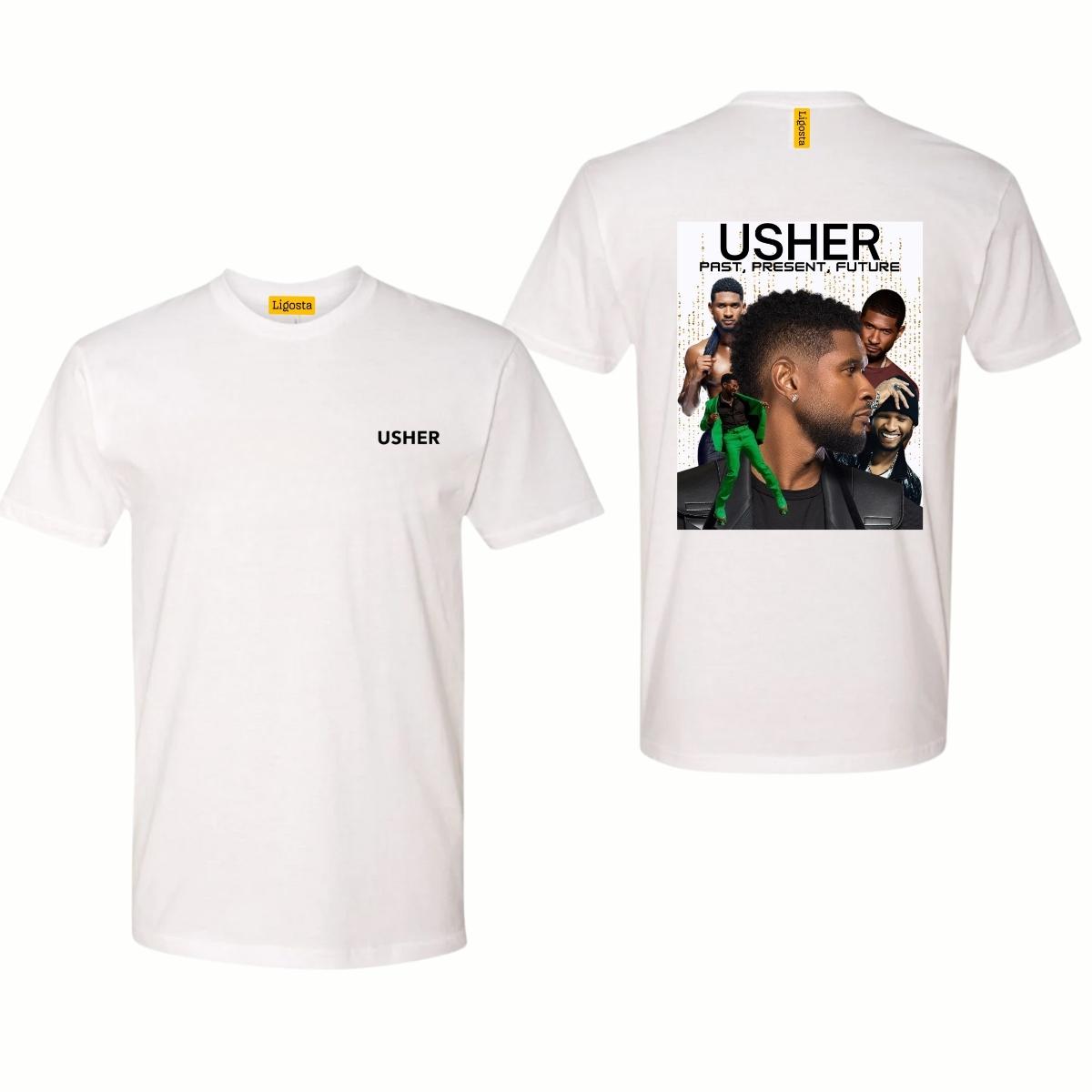 Usher Past Present Future Dual-Sided Shirt, Usher Tour 2024, Usher Legacy Shirt, Dual Sided Design, Usher Past Present Future Collage Gray Tee, Stylish Usher Tribute Shirt