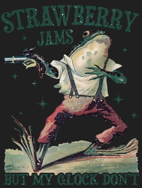Strawberry Jams Glock T-Shirt , Strawberry Jams Glock Graphic T-Shirt , Glock-Wielding Frog T-Shirt , Strawberry Jams But My Glock Don't Tee , Unique Strawberry Jams Glock T-Shirt , Funny Glock T-Shirt , Quirky and Fun Design , Strawberry Jams Series - Image 3