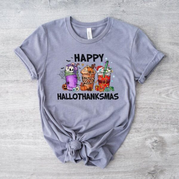 Happy Hallothanksmas Shirt , Christmas Shirt, Thanksgiving Shirt, Christmas Shirt, Coffee Pumpkin Spice Iced, Snowmen Shirt, Summer Clothes Women, T Shirts for Women - Image 3