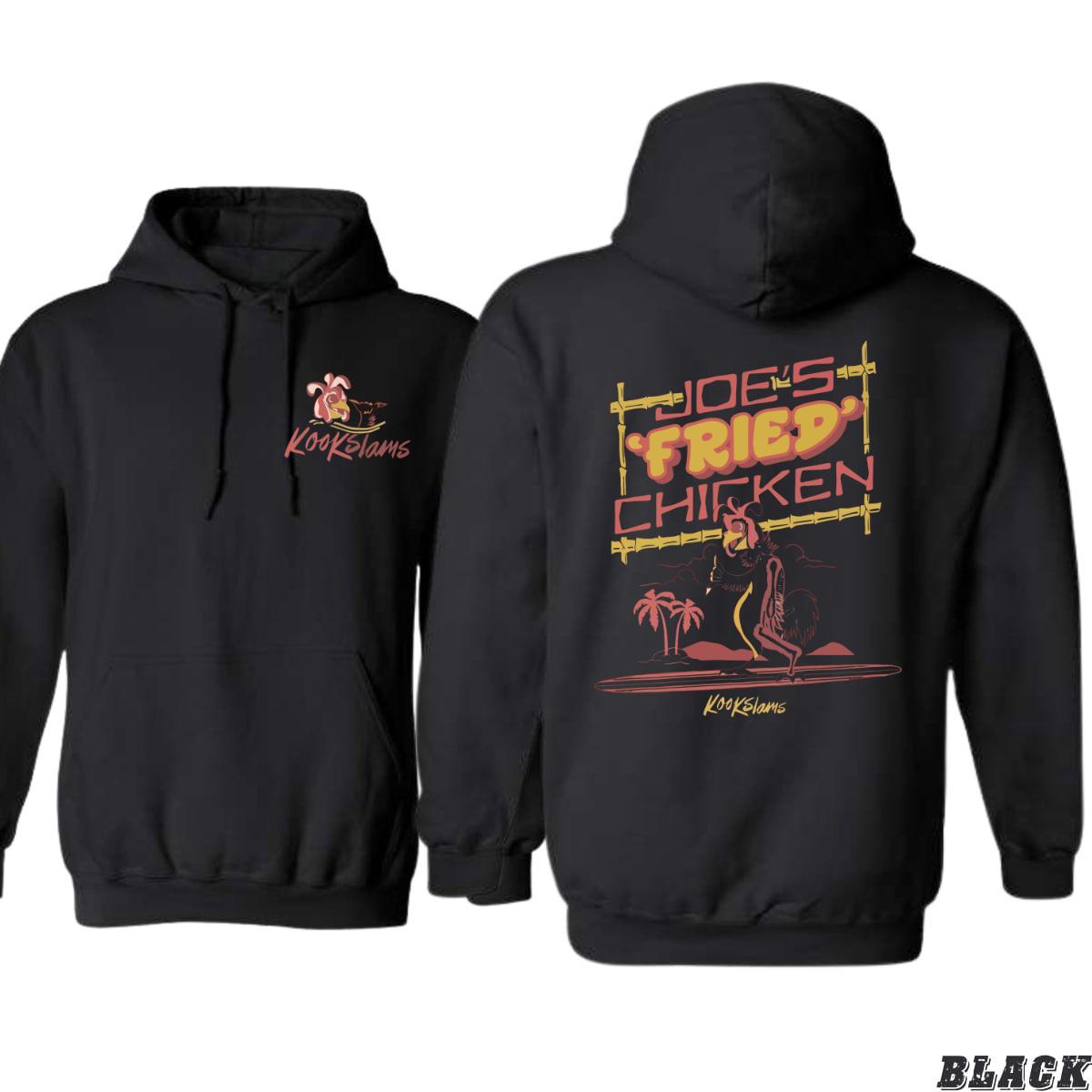 Joe’s Fried Chicken Hoodie, Retro Surfing Chicken Design, Food Lovers and Beach Vibes, Ideal for Casual Comfort, Street Life Style