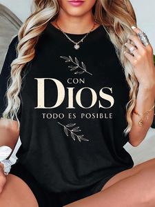 Women’s Letter & Leaf Print TShirt – Sweatshirt – Hoodie, Casual Short Sleeve Crew Neck, Fashion Women’s Top for Daily Wear