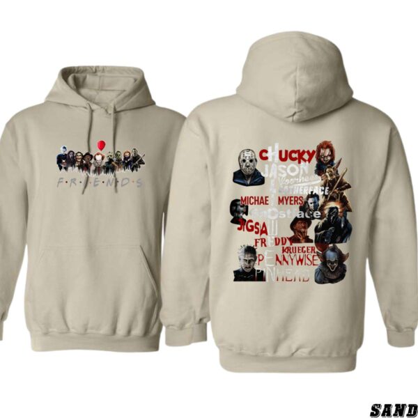 Horror Friends Hoodie, Iconic Horror Movie Characters Collage Featuring Chucky, Jason, Michael Myers, and More, Perfect for Halloween and Horror Fans, Cozy Hoodie for Movie Nights , Winter Fashion - Image 5