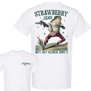 Strawberry Jams Glock T-Shirt , Strawberry Jams Glock Graphic T-Shirt , Glock-Wielding Frog T-Shirt , Strawberry Jams But My Glock Don’t Tee , Unique Strawberry Jams Glock T-Shirt , Funny Glock T-Shirt , Quirky and Fun Design , Strawberry Jams Series