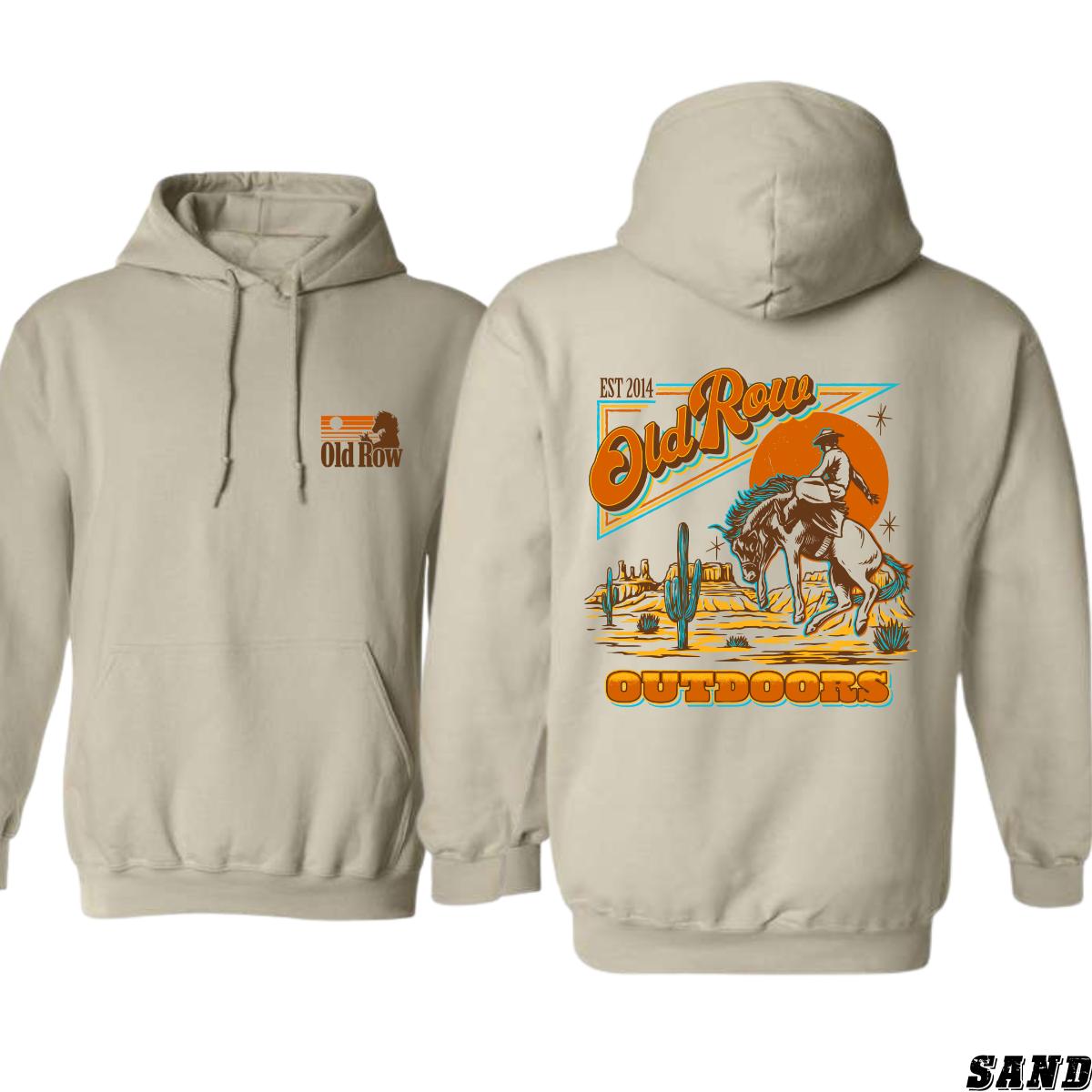 Old Row Outdoors Hoodie, Retro Western Cowboy Design, Cactus Desert Scene, Adventure Enthusiasts and Western Style Lovers
