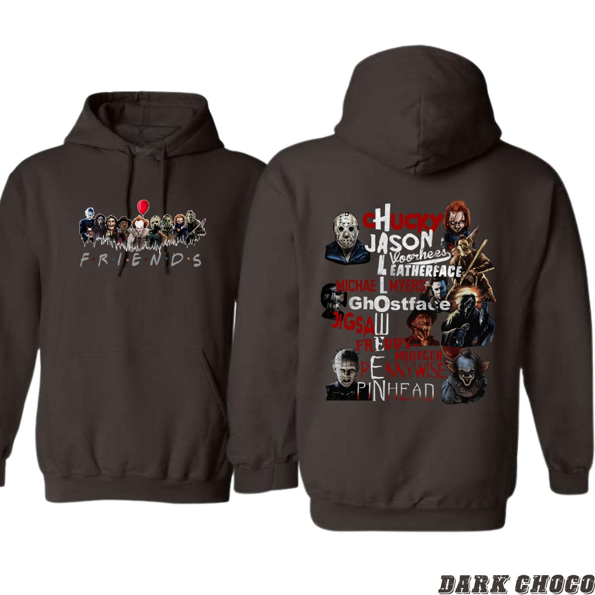 Horror Friends Hoodie, Iconic Horror Movie Characters Collage Featuring Chucky, Jason, Michael Myers, and More, Perfect for Halloween and Horror Fans, Cozy Hoodie for Movie Nights , Winter Fashion