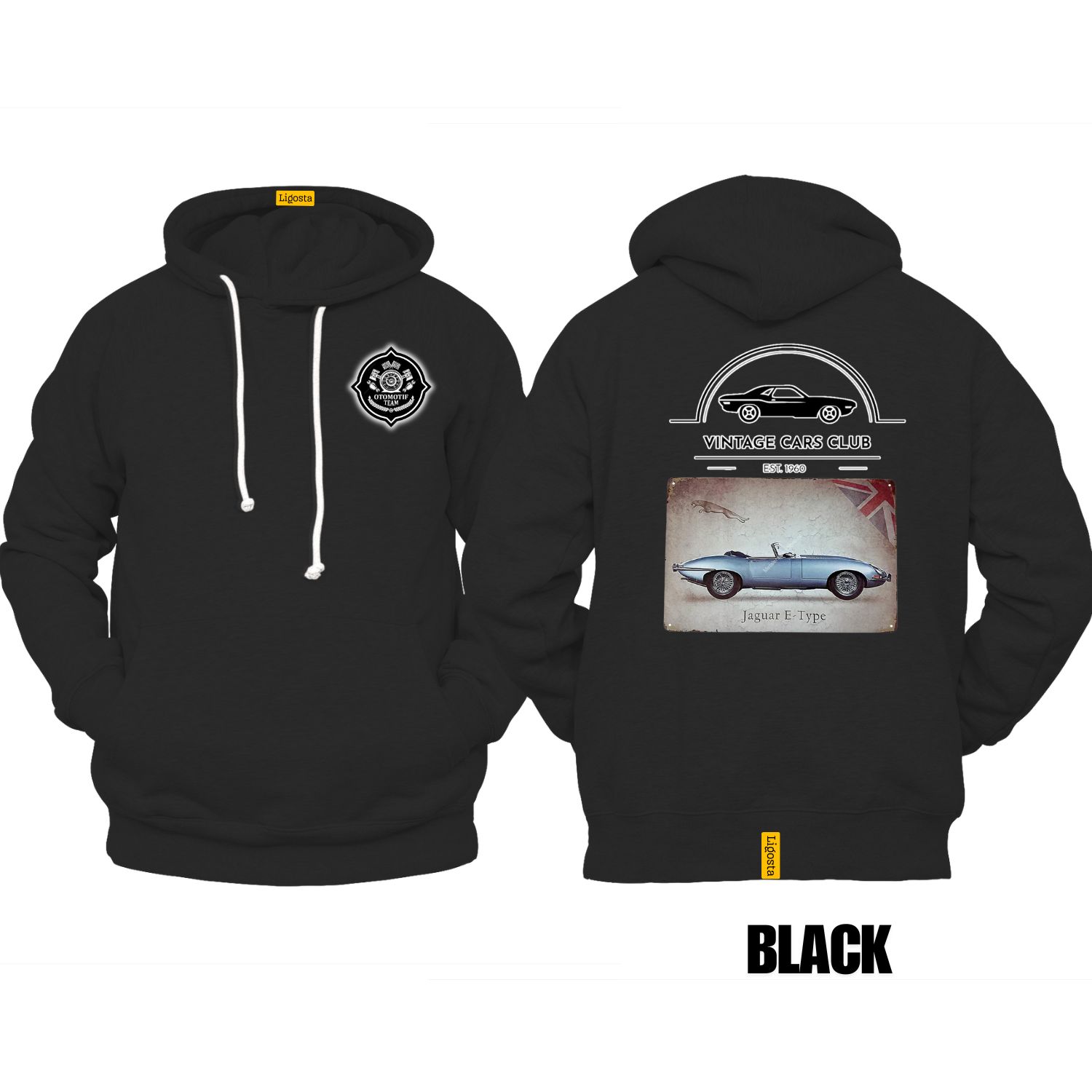 Ligosta Vintage, Cars Club Collection Hoodie, Unisex Hoodie Featuring Jaguar E-Type Graphic, Perfect For Classic Car Enthusiasts 04