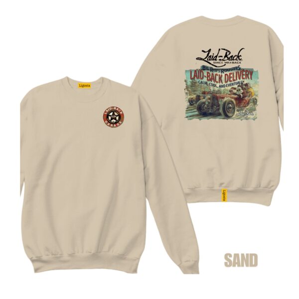 Ligosta Garage, Laid-Back Delivery Collection Sweatshirt, Unisex Sweatshirt Featuring Vintage Hot Rod Graphics, Perfect For Car Enthusiasts - Image 6