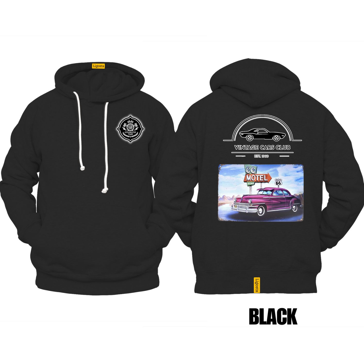 Ligosta Vintage, Cars Club Hoodie, Unisex Hoodie Featuring Route 66 Motel Graphic, Perfect For Retro Car Lovers 16