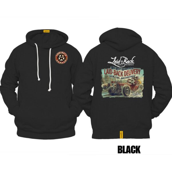 Ligosta Garage, Laid-Back Delivery Collection Hoodie, Unisex Hoodie Featuring Vintage Hot Rod Graphics, Perfect For Car Enthusiasts 001