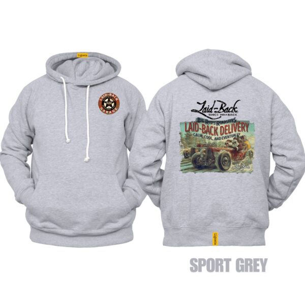 Ligosta Garage, Laid-Back Delivery Collection Hoodie, Unisex Hoodie Featuring Vintage Hot Rod Graphics, Perfect For Car Enthusiasts 001 - Image 5