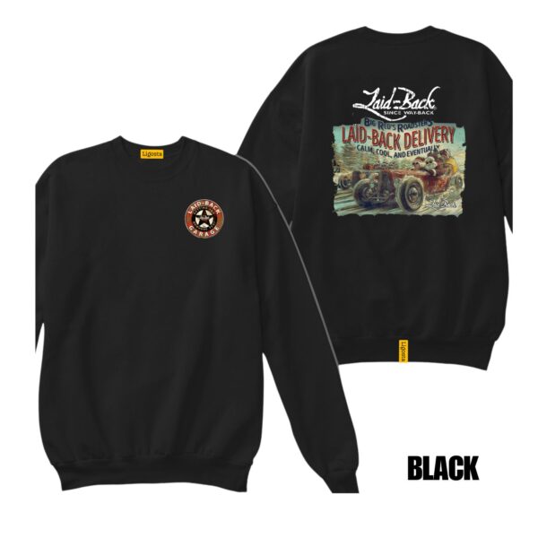 Ligosta Garage, Laid-Back Delivery Collection Sweatshirt, Unisex Sweatshirt Featuring Vintage Hot Rod Graphics, Perfect For Car Enthusiasts