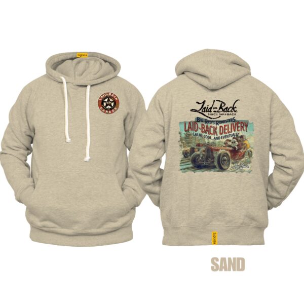 Ligosta Garage, Laid-Back Delivery Collection Hoodie, Unisex Hoodie Featuring Vintage Hot Rod Graphics, Perfect For Car Enthusiasts 001 - Image 6