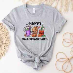 Happy Hallothanksmas Shirt , Christmas Shirt, Thanksgiving Shirt, Christmas Shirt, Coffee Pumpkin Spice Iced, Snowmen Shirt, Summer Clothes Women, T Shirts for Women