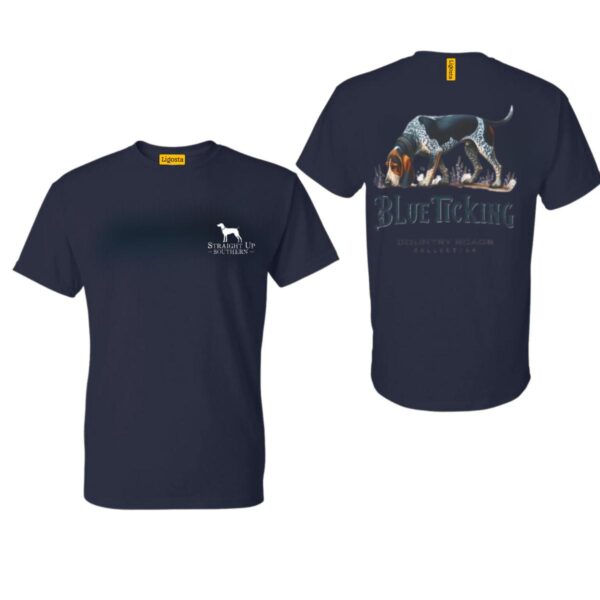 Blue Ticking TShirt, Country Roads Collection Hunting Dog Design, country boy clothing, Perfect for Outdoor Enthusiasts, Ideal for Casual Wear, Comfortable and Stylish, Street Life Style - Image 3