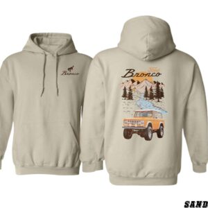 Ford Bronco Hoodie, Classic Vintage Off-Road Adventure Design with Mountain and River Scene, Perfect for Outdoor Enthusiasts and Bronco Lovers, Cozy and Stylish Apparel to Showcase Your Passion for Adventure and Iconic Vehicles , Winter Fashion