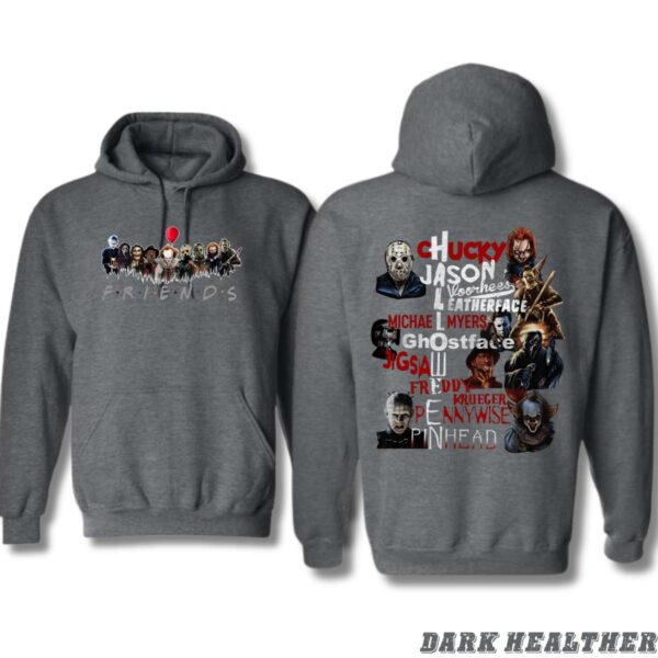 Horror Friends Hoodie, Iconic Horror Movie Characters Collage Featuring Chucky, Jason, Michael Myers, and More, Perfect for Halloween and Horror Fans, Cozy Hoodie for Movie Nights , Winter Fashion - Image 2