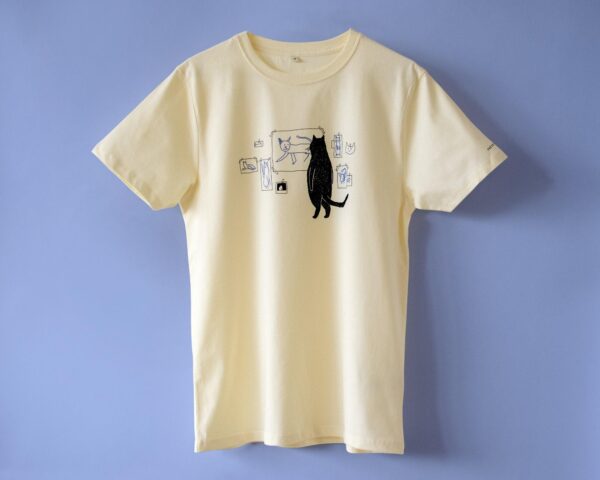 Cat gallery t-shirt | Hand screen printed on ecru/light yellow organic cotton tee with black and blue illustration of a cat judging cat art Top Womenswear Underwear Streetwear - Image 2