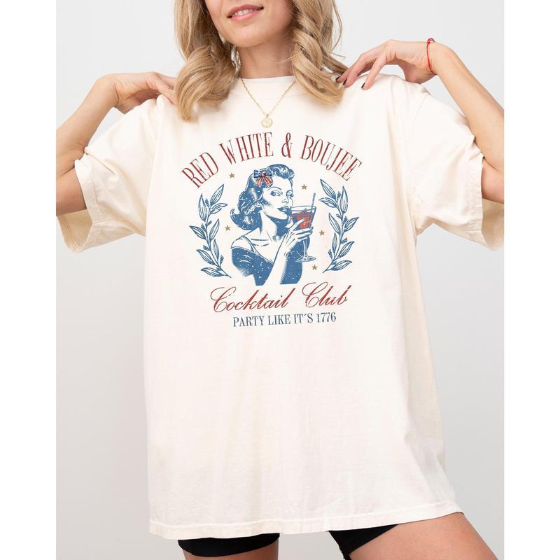 Red, White and Boujee Comfort Colors Shirt, Cocktails Shirt, America Patriotic Shirt, Independence Day, Bow Design