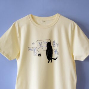 Cat gallery t-shirt | Hand screen printed on ecru/light yellow organic cotton tee with black and blue illustration of a cat judging cat art Top Womenswear Underwear Streetwear