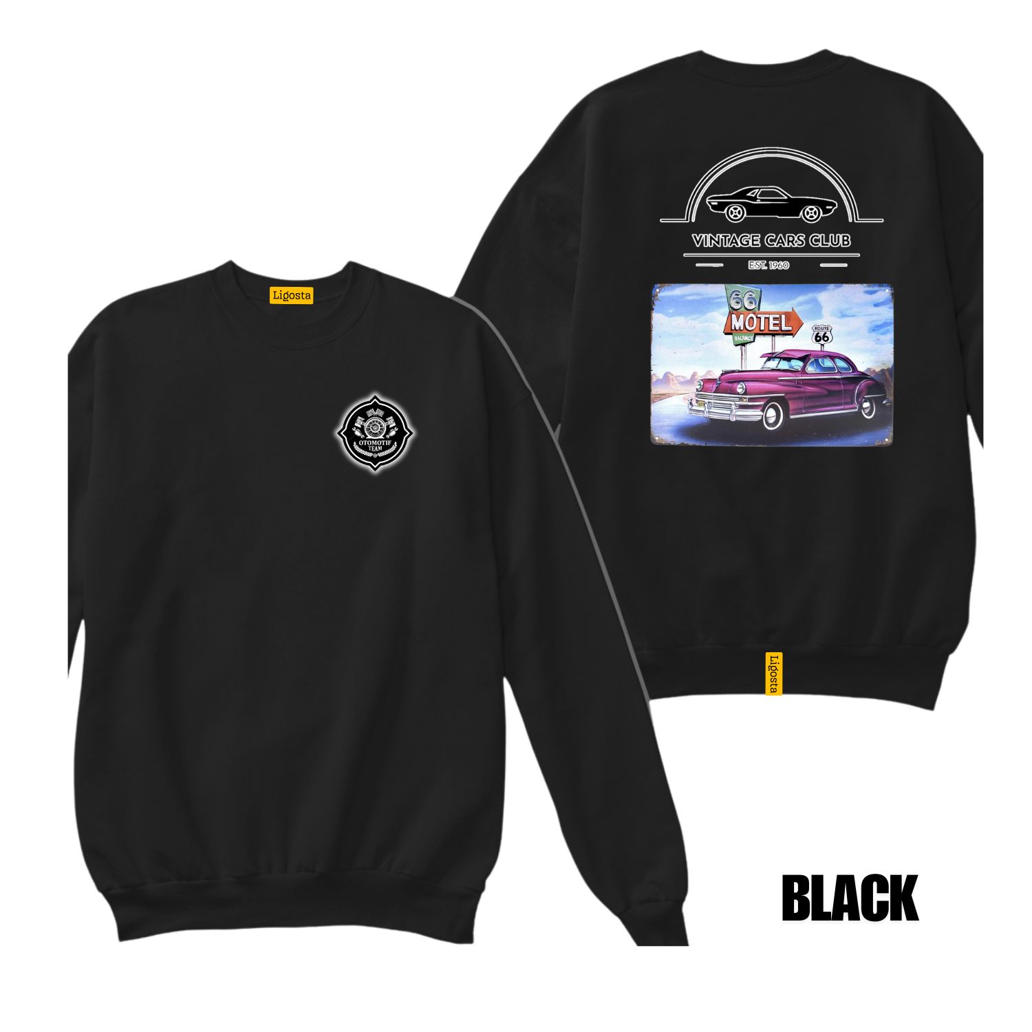 Ligosta Vintage, Cars Club Sweatshirt, Unisex Sweatshirt Featuring Route 66 Motel Graphic, Perfect For Retro Car Lovers 16