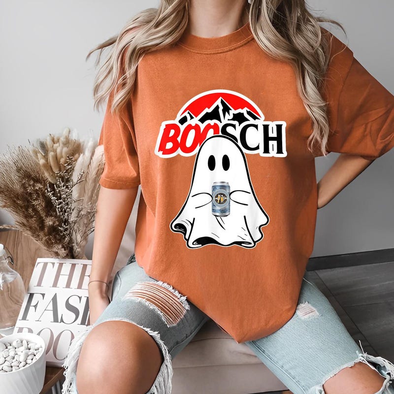 BooSch Halloween Ghost with Beer PNG, Cute Fall Mountain Halloween Digital Design for T-Shirts, cute BooSch, Ghost with Beer PNG