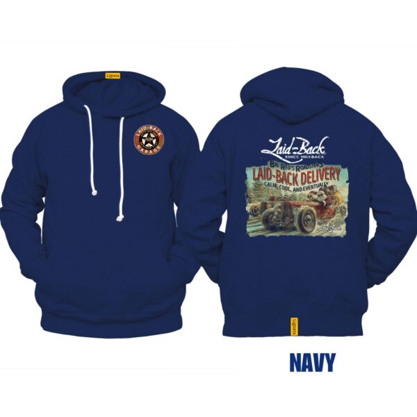 Ligosta Garage, Laid-Back Delivery Collection Hoodie, Unisex Hoodie Featuring Vintage Hot Rod Graphics, Perfect For Car Enthusiasts 001 - Image 2