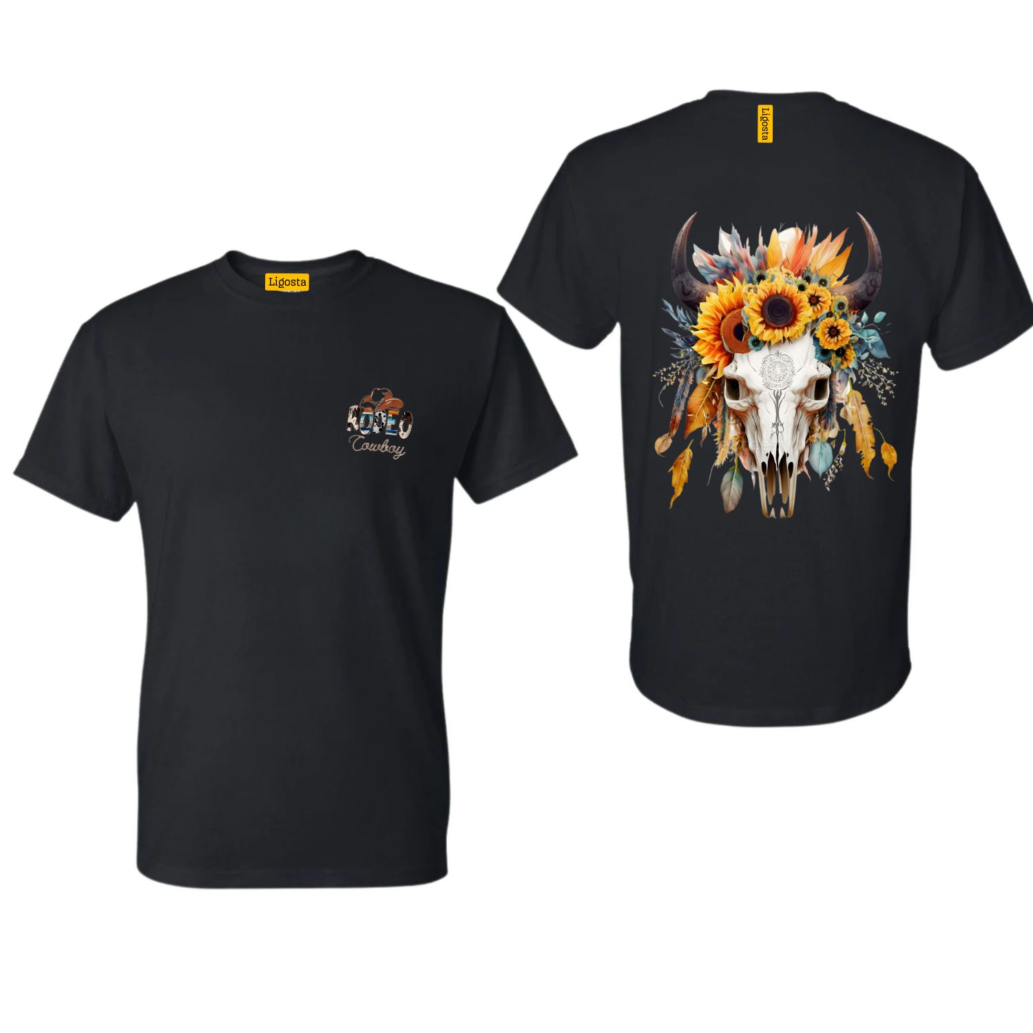 Ligosta Cowboy Collection T-Shirt, Unisex T-Shirt with Floral Skull and Sunflowers Design, Style 057