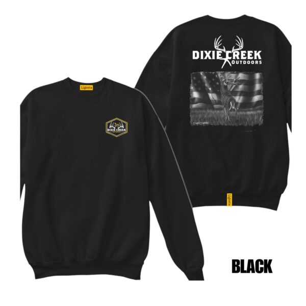 Ligosta Dixie Creek, Outdoor Wildlife Collection Sweatshirt, Unisex Sweatshirt Featuring Deer Flag Design, Perfect For Outdoor Patriots 004