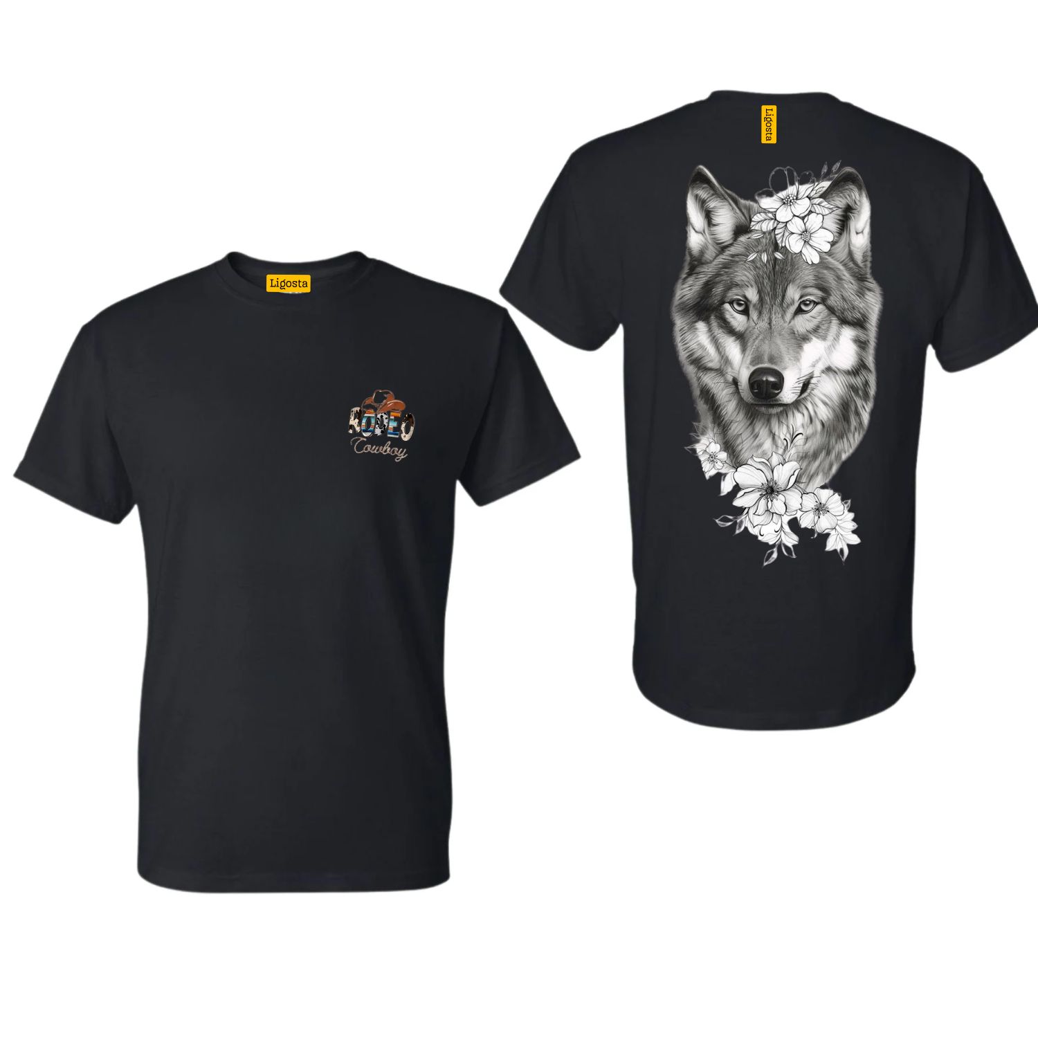 Ligosta Cowboy, Wolf Bloom Collection T-Shirt, Unisex T-Shirt Featuring Wolf Portrait with Floral Design, Perfect For Animal Lovers 077