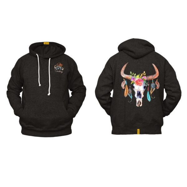Ligosta Cowboy, Floral Spirit Collection Hoodie, Unisex Hoodie Featuring Bull Skull with Floral and Feather Accents 065