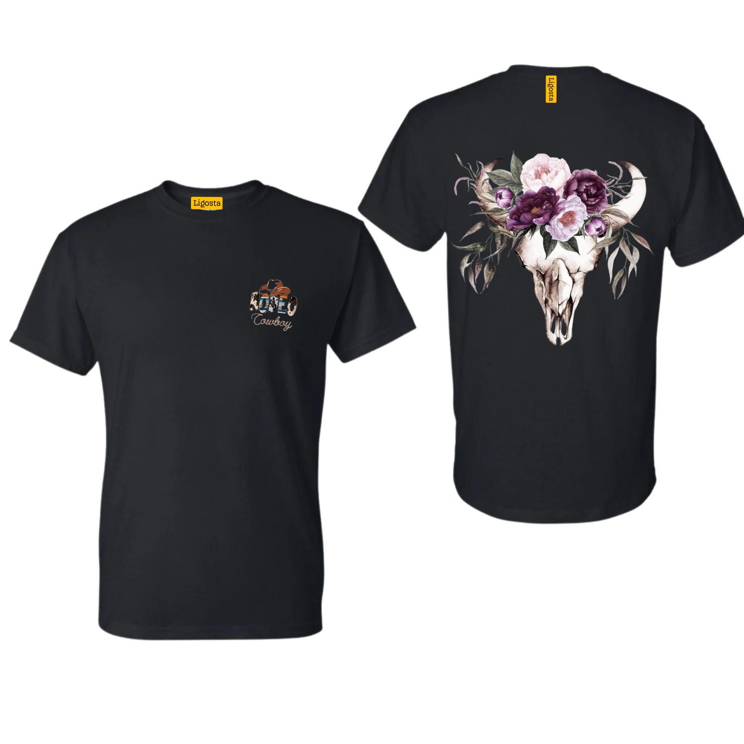 Ligosta Cowboy Collection T-Shirt, Unisex T-Shirt featuring a Floral Longhorn Skull Design, Style 060