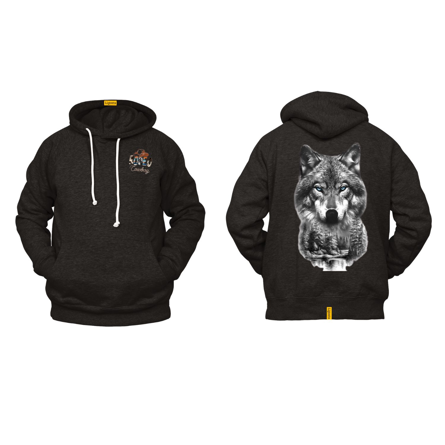 Ligosta Cowboy, Heritage Collection Hoodie, Unisex Hoodie Featuring Wolf’s Face With A Forest And A Full Moon 2 Design 095