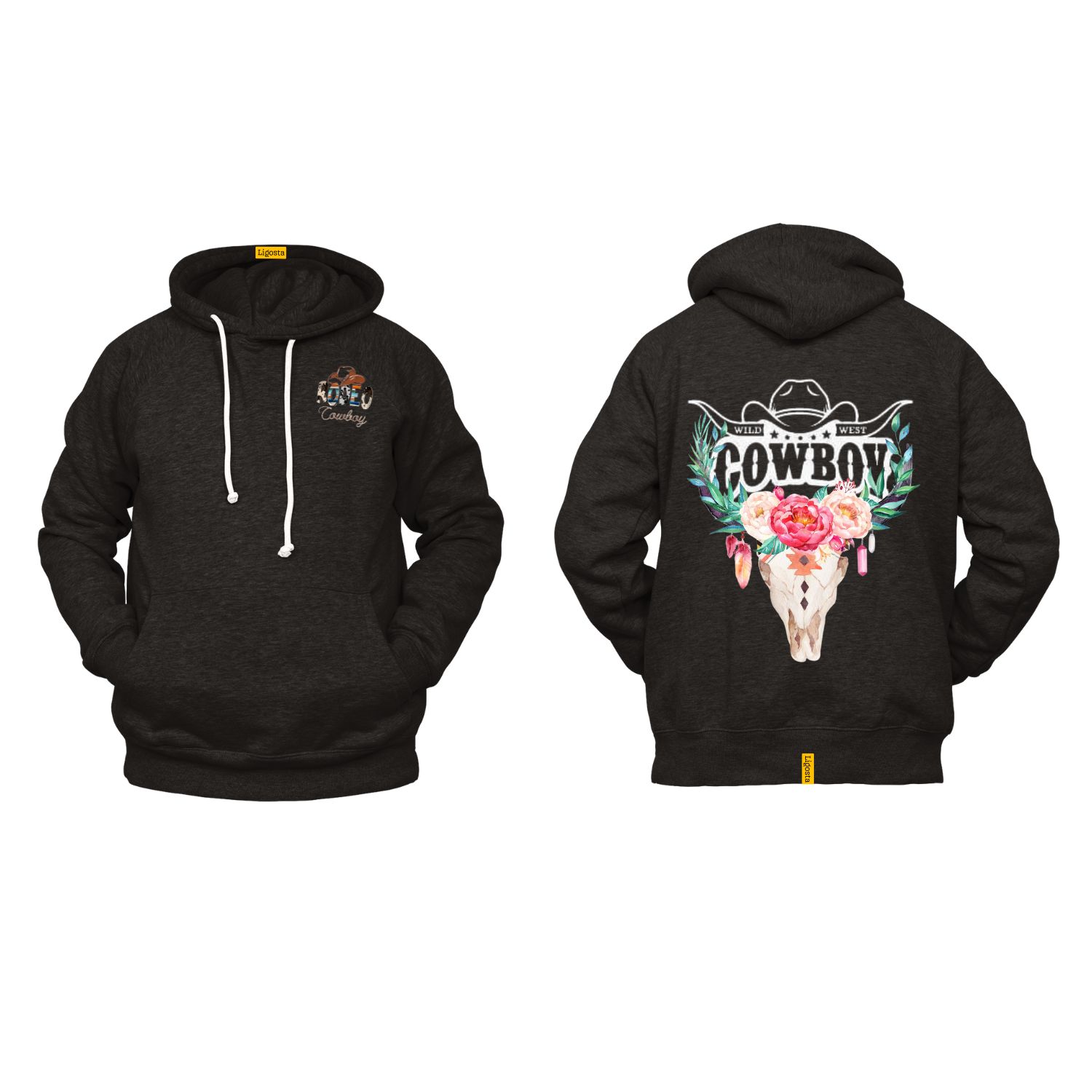 Ligosta Cowboy, Wild West Collection Hoodie, Unisex Hoodie with Floral Bull Skull Art, Perfect for a Bold Western Aesthetic 046