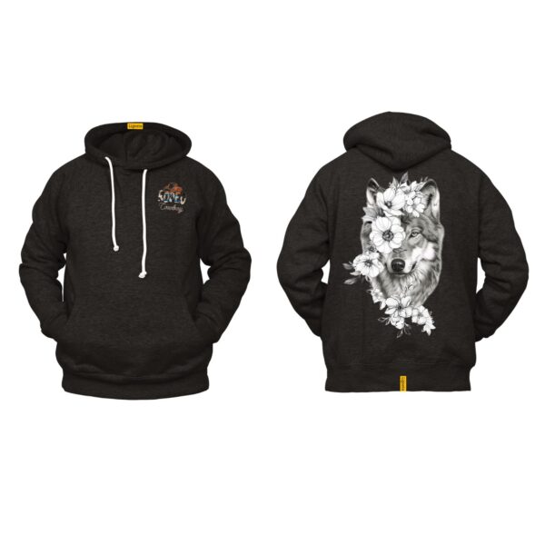 Ligosta Cowboy, Wild Harmony Collection Hoodie, Unisex Hoodie Featuring Wolf with Blossoming Floral Design, Nature and Wildlife Lovers 073
