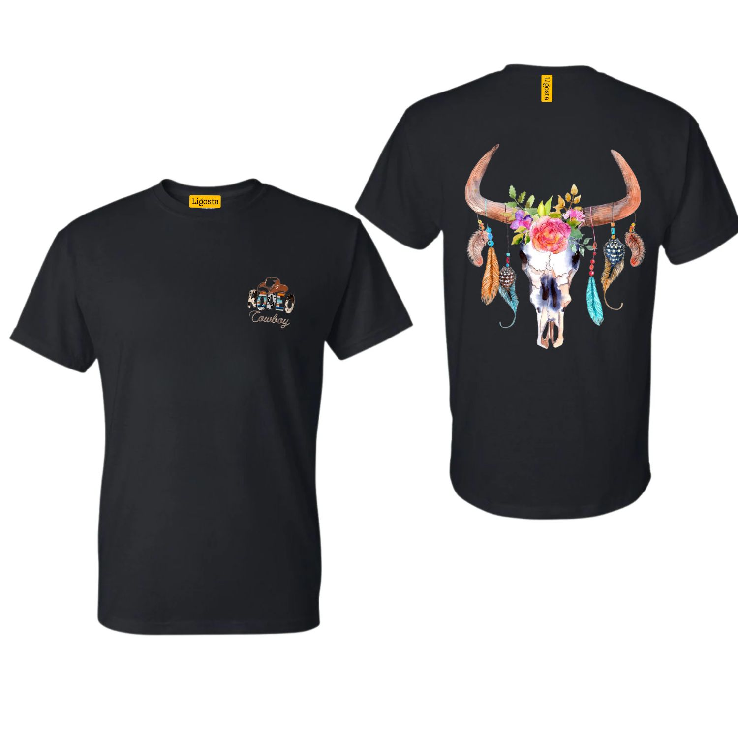 Ligosta Cowboy, Floral Spirit Collection T-Shirt, Unisex T-Shirt Featuring Bull Skull with Floral and Feather Accents 065