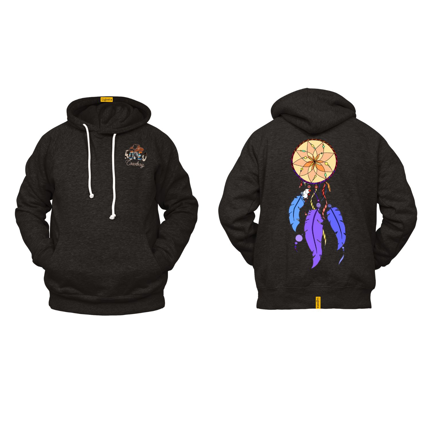 Ligosta Cowboy, Desert Sun Collection Hoodie, Unisex Hoodie With Vibrant Dreamcatcher Design Featuring Bold Purple Feathers 038