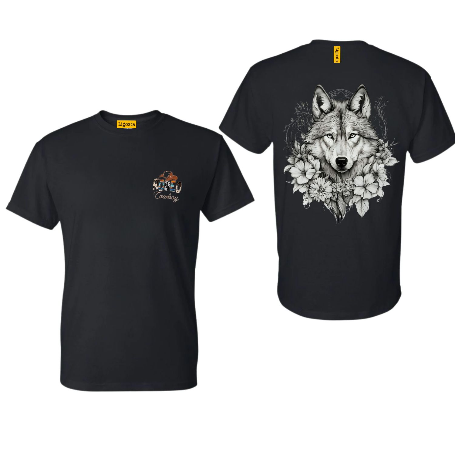 Ligosta Cowboy, Alpha Bloom Collection T-Shirt, Unisex T-Shirt Featuring Wolf and Floral Design, Perfect For Nature and Wild Spirit Lovers