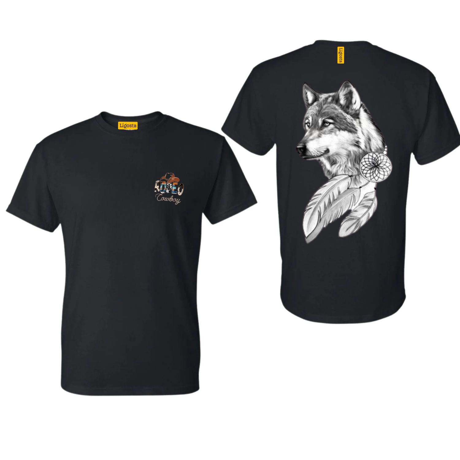 Ligosta Cowboy, Dream Wolf Collection T-Shirt, Unisex T-Shirt Featuring Wolf Portrait with Dreamcatcher, Perfect For Nature Enthusiasts 078