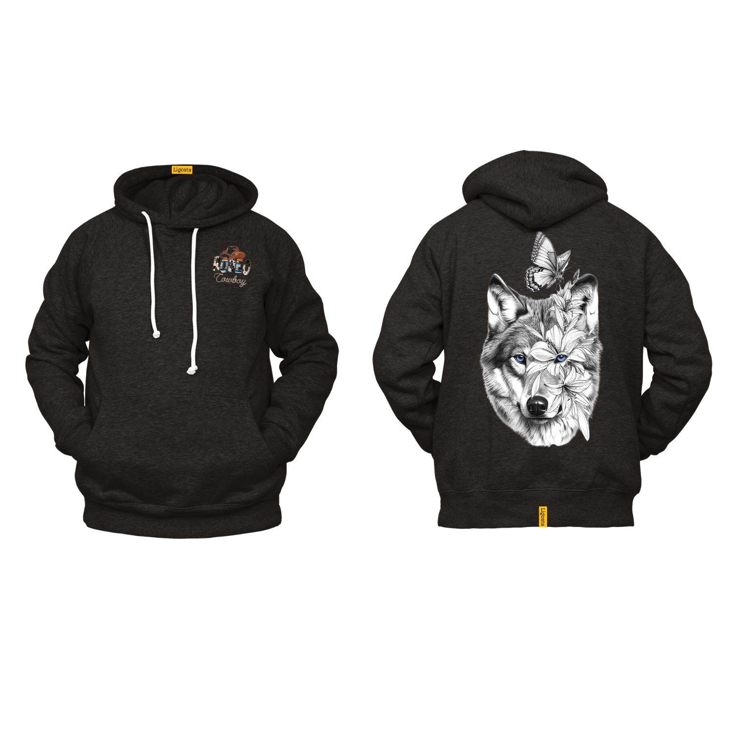 Ligosta Cowboy, Wild Harmony Collection Hoodie, Unisex Hoodie Featuring Wolf with Floral and Butterfly Design, Nature and Art Lovers 074