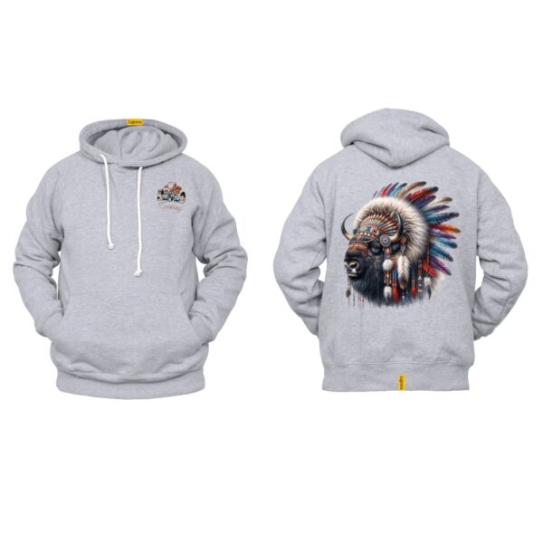 Ligosta Cowboy Collection Hoodie, Unisex Hoodie featuring a Majestic Bison with Native Feather Headdress Design, Style 059 - Image 2