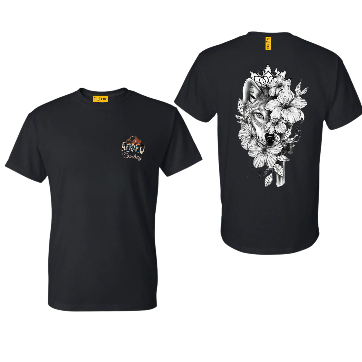 Ligosta Cowboy, Wolf Bloom Collection T-Shirt, Unisex T-Shirt Featuring Wolf and Hibiscus Design, Perfect For Nature and Wild Spirit Lovers