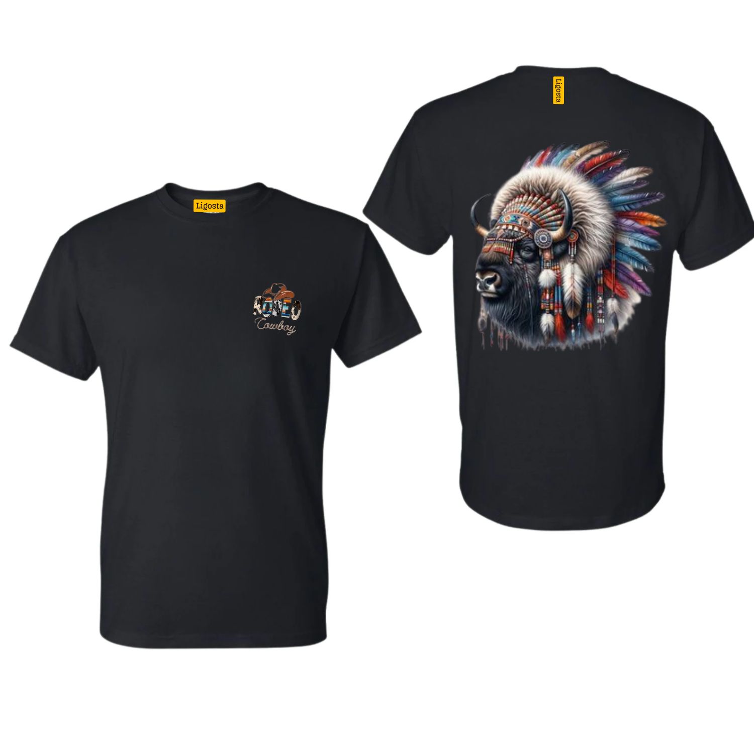 Ligosta Cowboy Collection T-Shirt, Unisex T-Shirt featuring a Majestic Bison with Native Feather Headdress Design, Style 059