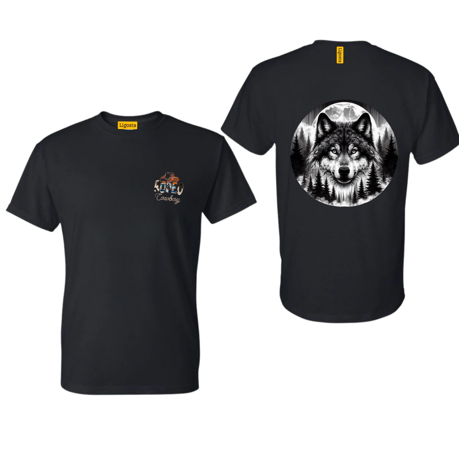 Ligosta Cowboy, Heritage Collection T-Shirt, Unisex T-Shirt Featuring Wolf’s Face Surounded By A Forest And A Full Moon Design 096