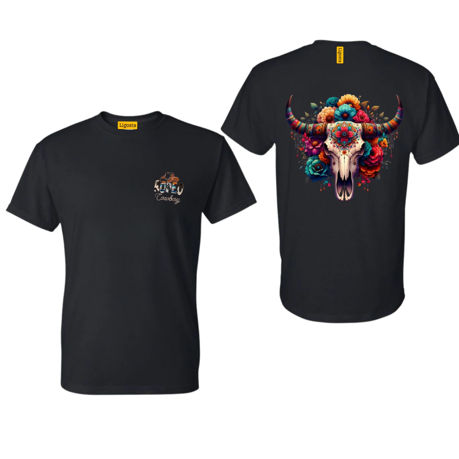 Ligosta Cowboy Collection T-Shirt, Unisex T-Shirt with Colorful Floral Skull and Bull Horns Design, Style 058