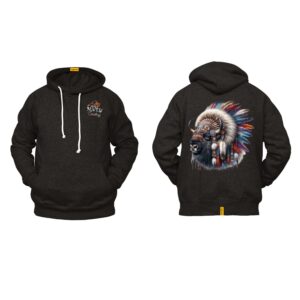 Ligosta Cowboy Collection Hoodie, Unisex Hoodie featuring a Majestic Bison with Native Feather Headdress Design, Style 059