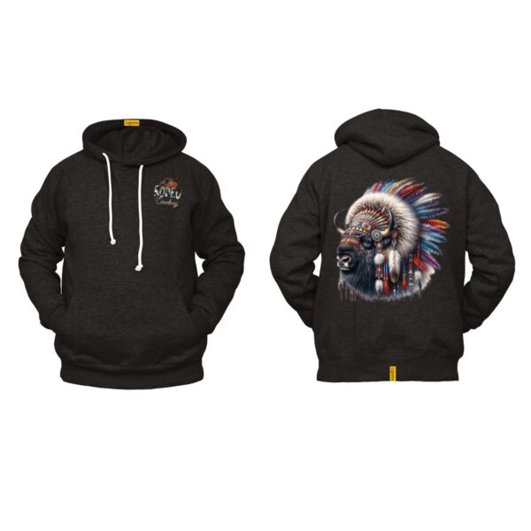 Ligosta Cowboy Collection Hoodie, Unisex Hoodie featuring a Majestic Bison with Native Feather Headdress Design, Style 059
