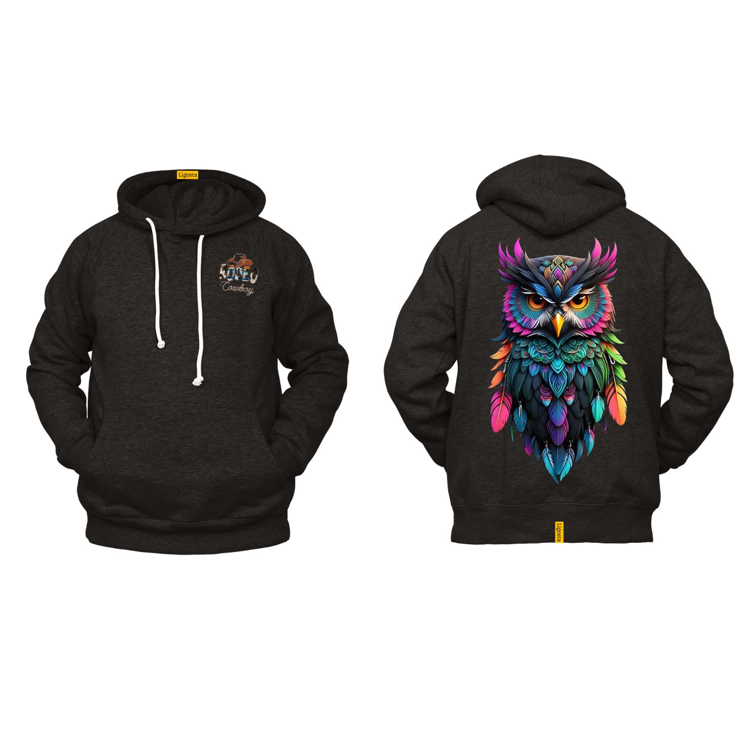 Ligosta Cowboy, Western Spirit Collection Hoodie, Unisex Hoodie with Vibrant Owl Art, Perfect for a Bold and Colorful Western Look 049