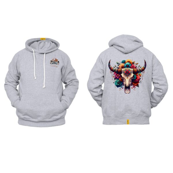Ligosta Cowboy Collection Hoodie, Unisex Hoodie with Colorful Floral Skull and Bull Horns Design, Style 058 - Image 2